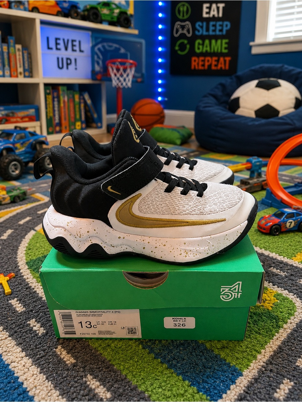Nike Kids White, Black & Gold Basketball Sneakers